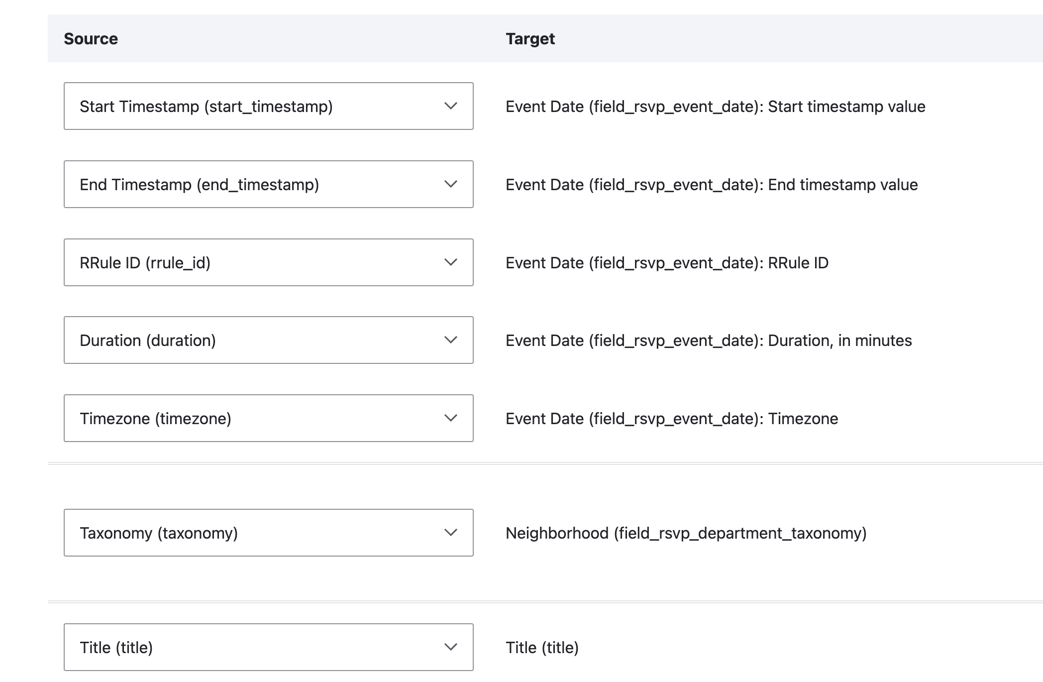 RSVP System - Feed Field Mappings